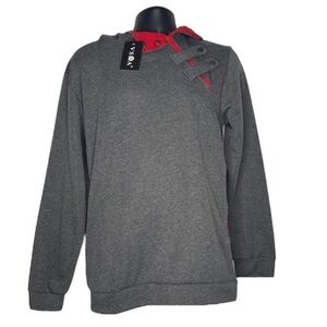 VSKA Two-Tone Asymmetrical Strap Pullover Hoodie (Size:XXXL, Color:Gray/Red)